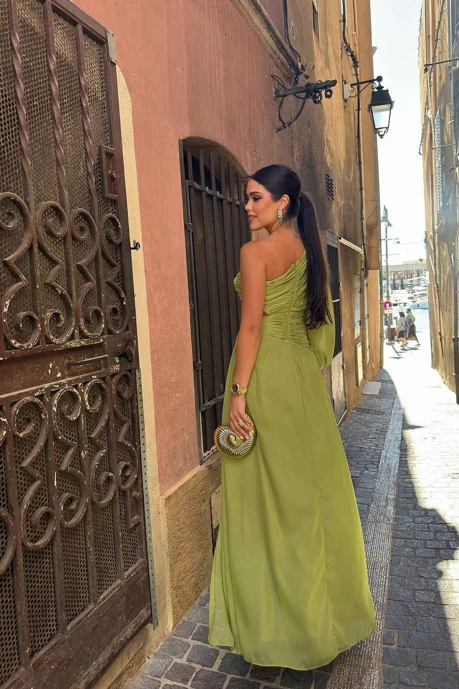 Tulle One Shoulder Long Sleeve Long Prom Dress With Front Split