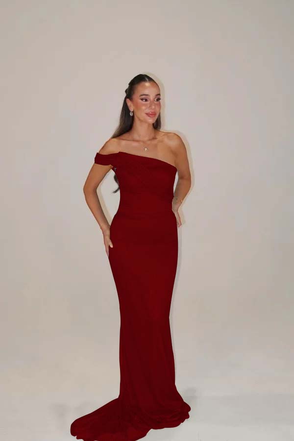 Sequins One Shoulder Sleeveless Long Mermaid Prom Dress With Pleated BMBRIDE