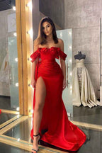 Red Strapless Mermaid Long Prom Dress Off the Shoulder With Split