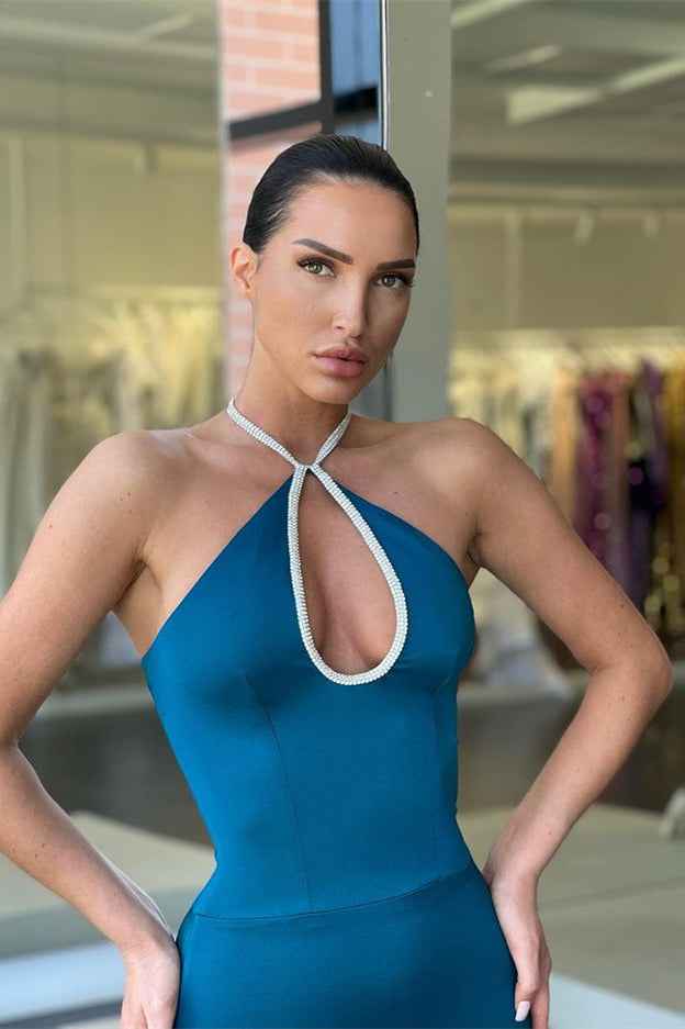 Charming Dark Blue Halter Neck Sleeveless Pleated Long Mermaid Long Prom Dress