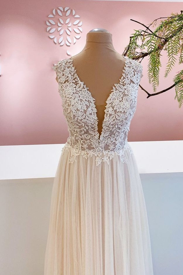 Wide Strap A-Line Floor-Length Backless Wedding Dress with Floral Lace and Tulle Ruffles BM bride