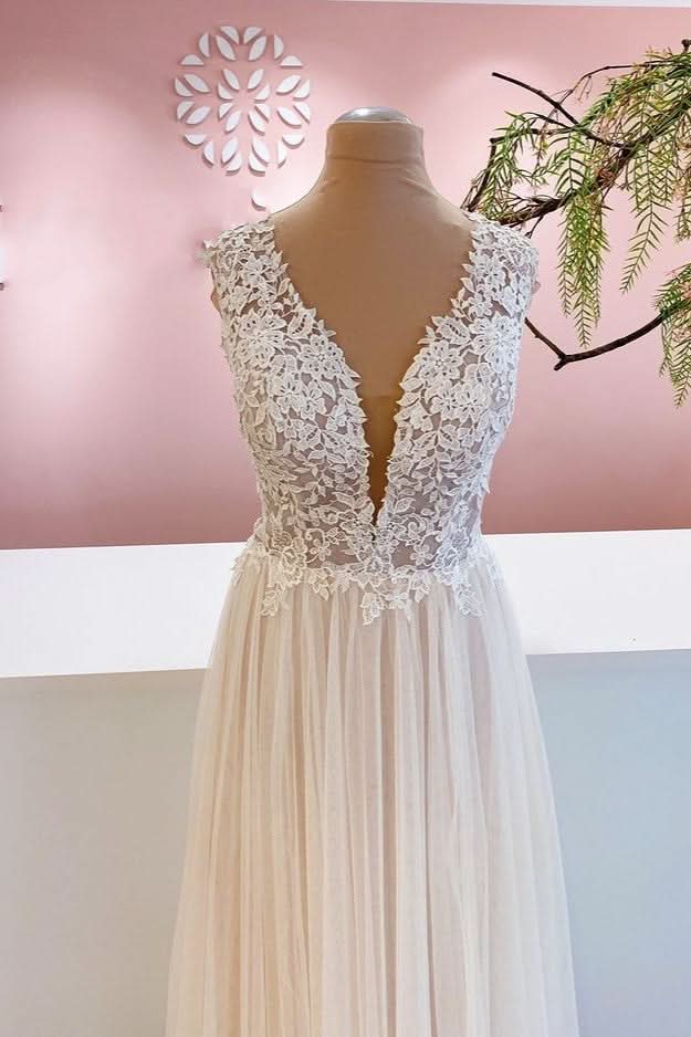Wide Strap A-Line Floor-Length Backless Wedding Dress with Floral Lace and Tulle Ruffles BM bride