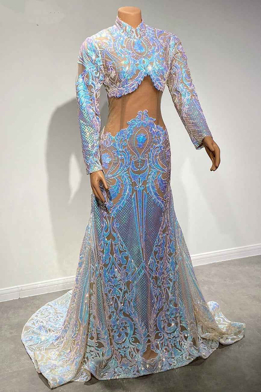 Glamorous High Neck Mermaid Long Sleeves Long Prom Dress With Sequins Lace