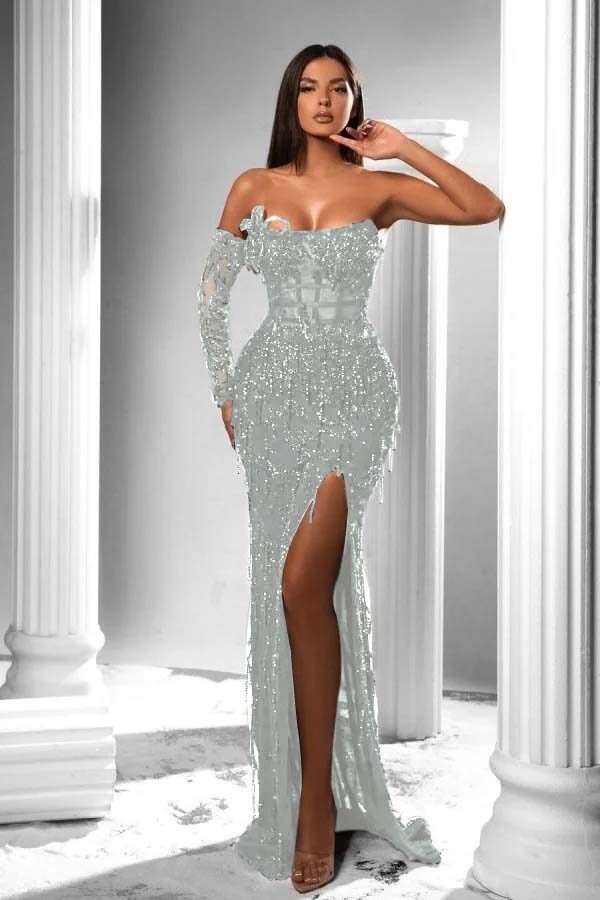Strapless Long Sleeve High Split Long Prom Dress With Appliques BMBRIDE