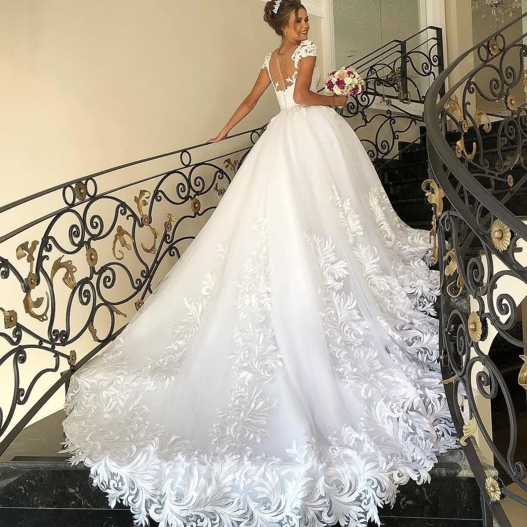 Elegant Long Cap Sleeve Princess Wedding Dress with Tulle Lace BM bride