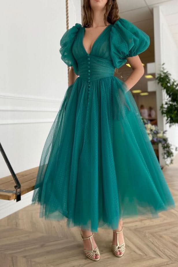 Dark Green V-Neck Short Sleeve A-Line Evening Dress On Sale BM bride