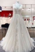 Simple V-Neck Long A-Line Tulle Lace Wedding Dress with Open Back and Appliques BM bride
