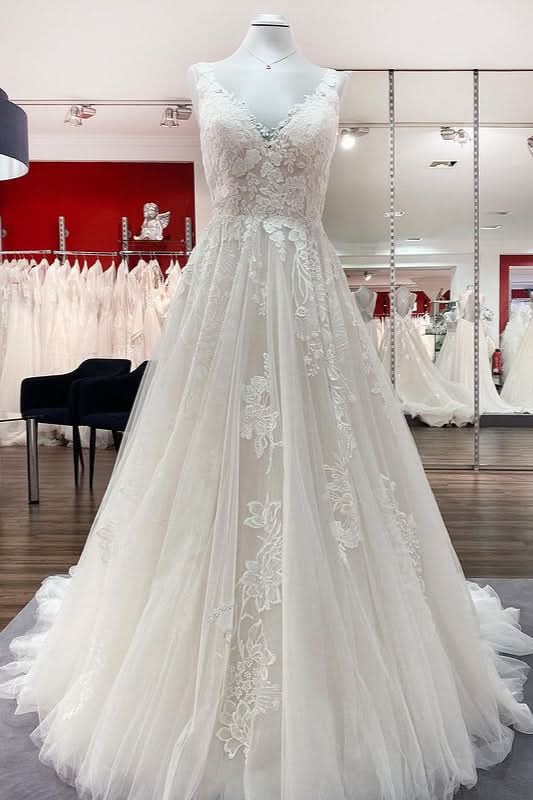 Simple V-Neck Long A-Line Tulle Lace Wedding Dress with Open Back and Appliques BM bride