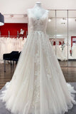 Simple V-Neck Long A-Line Tulle Lace Wedding Dress with Open Back and Appliques BM bride