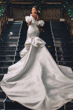 Sweetheart Bubble Sleeve Applique Mermaid Wedding Dress with Cathedral Train BM bride