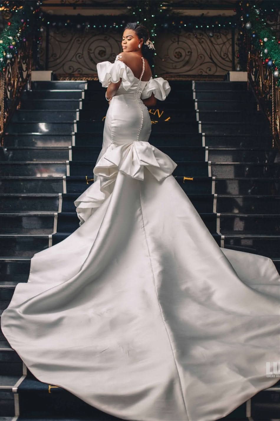 Sweetheart Bubble Sleeve Applique Mermaid Wedding Dress with Cathedral Train BM bride