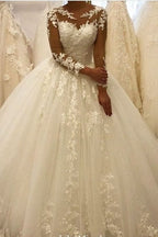 Bateau Long Sleeves A-Line Wedding Dress With Appliques Lace Ruffles Tulle BM bride