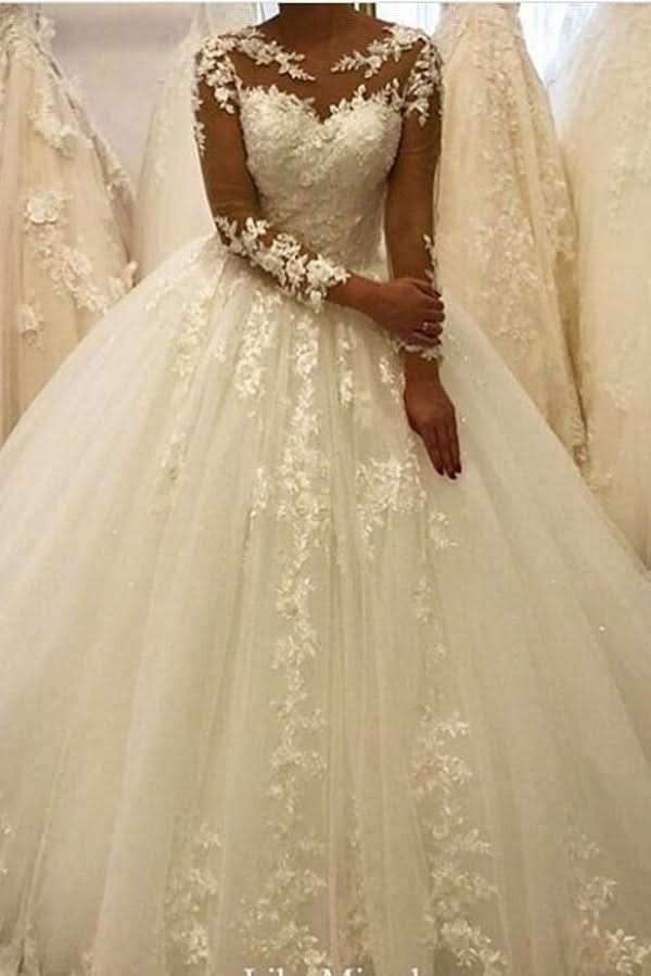 Bateau Long Sleeves A-Line Wedding Dress With Appliques Lace Ruffles Tulle BM bride