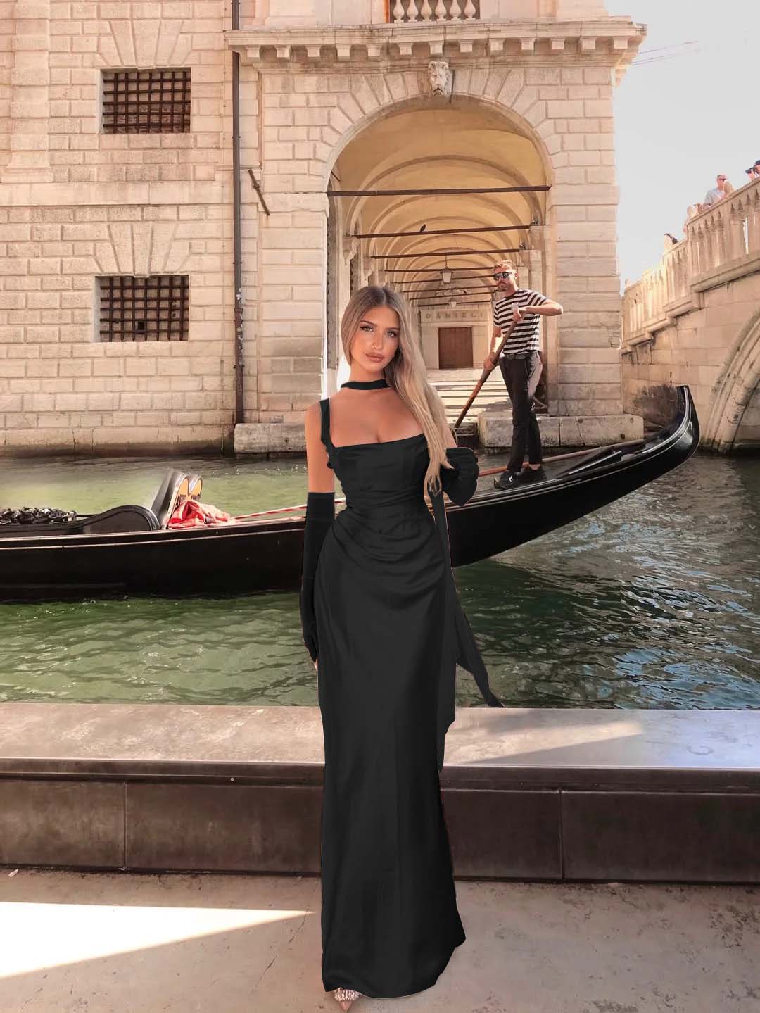 Spaghetti Strap Sleeveless Long Mermaid Prom Dress With Gloves BMBRIDE
