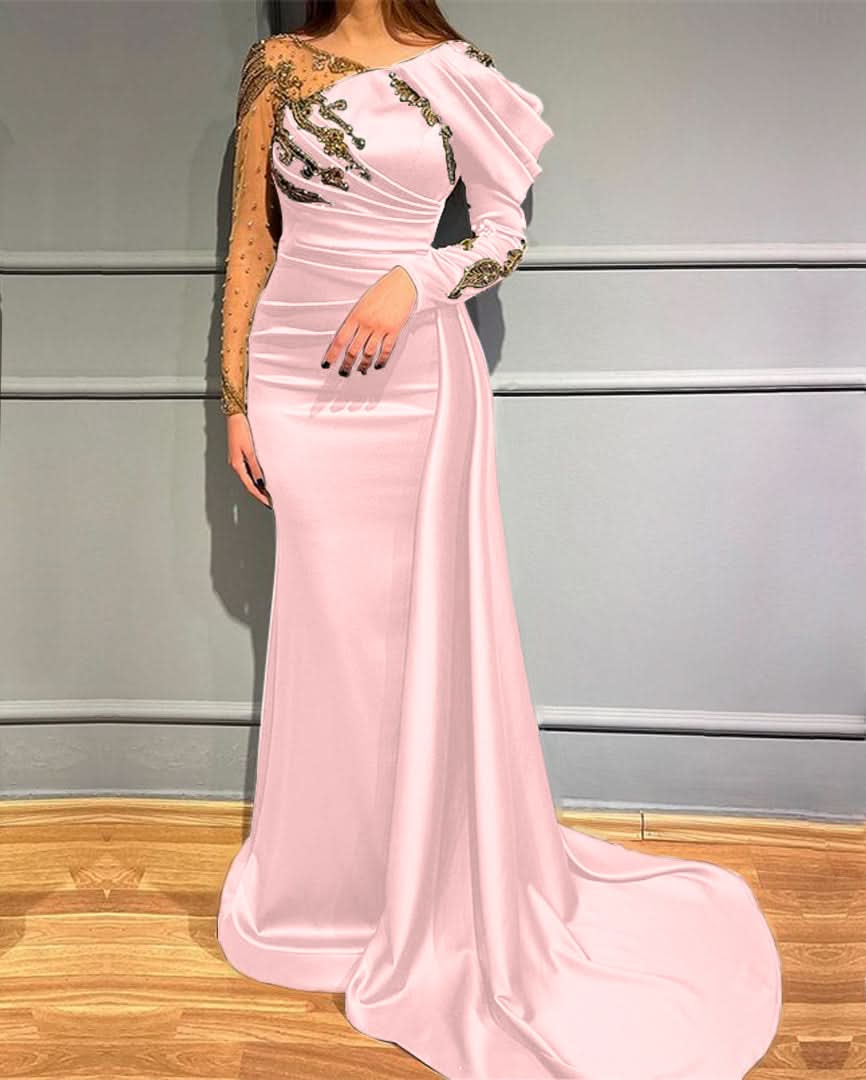 Dark Green Long Sleeves Mermaid Evening Dress with Beads Appliques BM bride