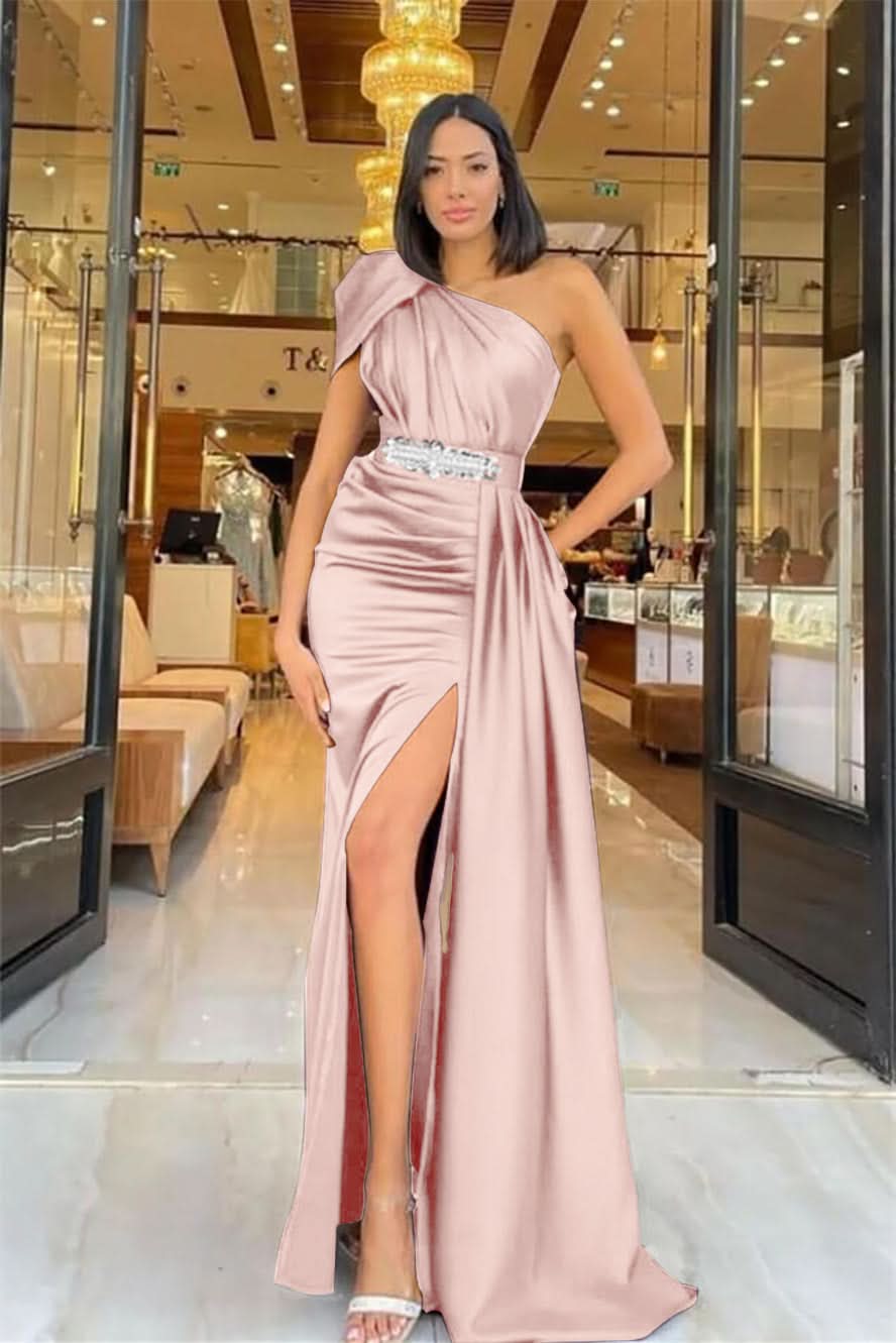 Dark Purple One-Shoulder Long Ruffle Mermaid Prom Dress with Belt BM bride