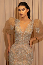 Puff Sleeve Long Mermaid Prom Dress with Beaded Lace Appliques BM bride