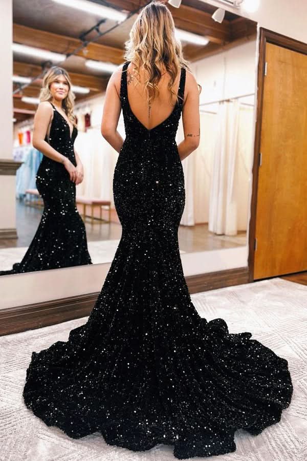 Charming V Neck Mermaid Sweep Evening Dress with Sequins BM bride