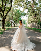 Tulle Off-the-Shoulder A-Line Long Wedding Dress with Chapel Train BM bride