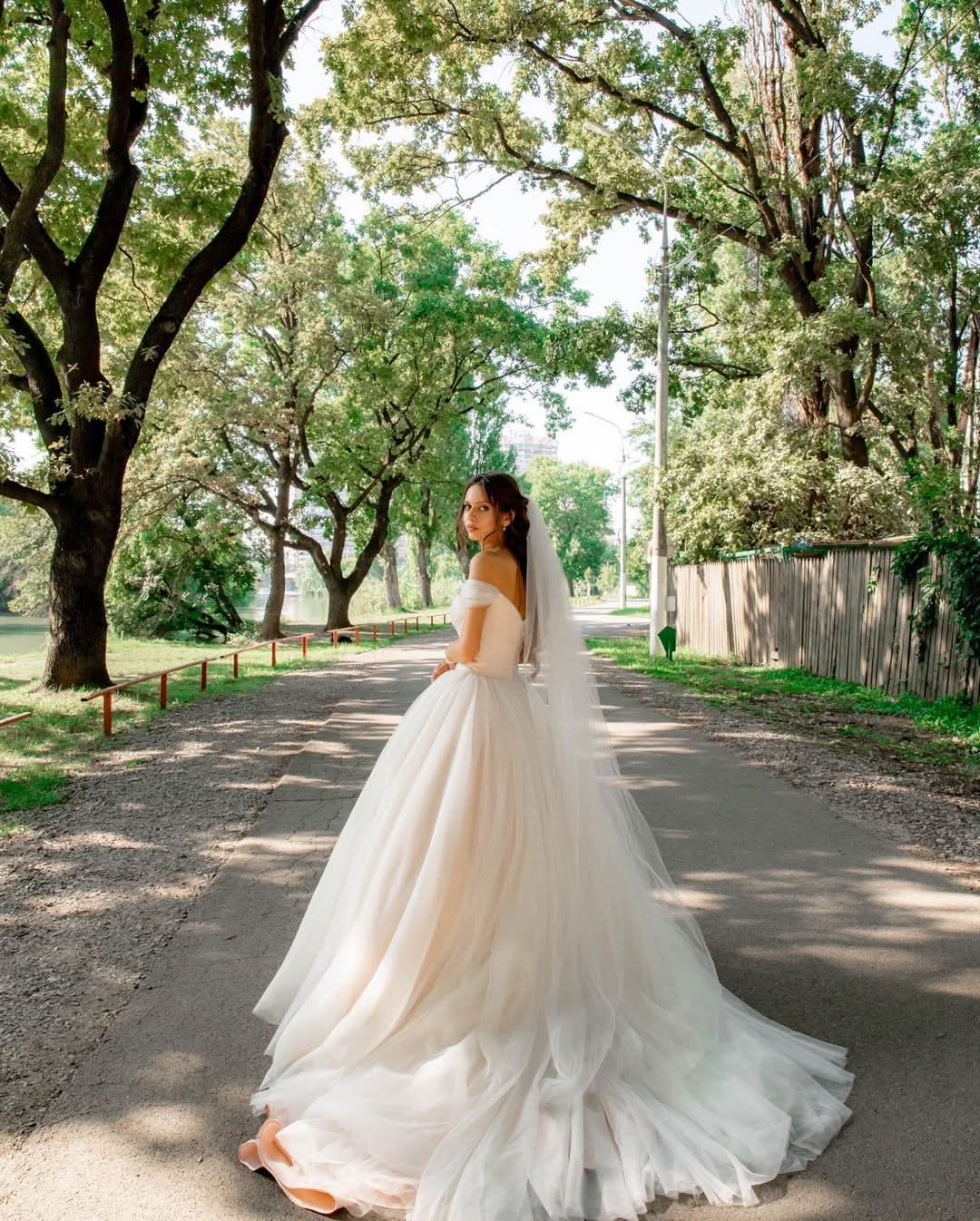 Tulle Off-the-Shoulder A-Line Long Wedding Dress with Chapel Train BM bride