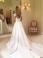 A-Line Satin Brush Train Wedding Dress Long Sleeves BM bride