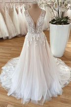 Elegant A-Line Wide Strap Tulle Floor-Length Wedding Dress with Floral Lace BM bride