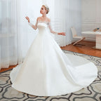 Stunning Off-the-Shoulder Long Sleeve A-Line Satin Wedding Dress with Lace BM bride