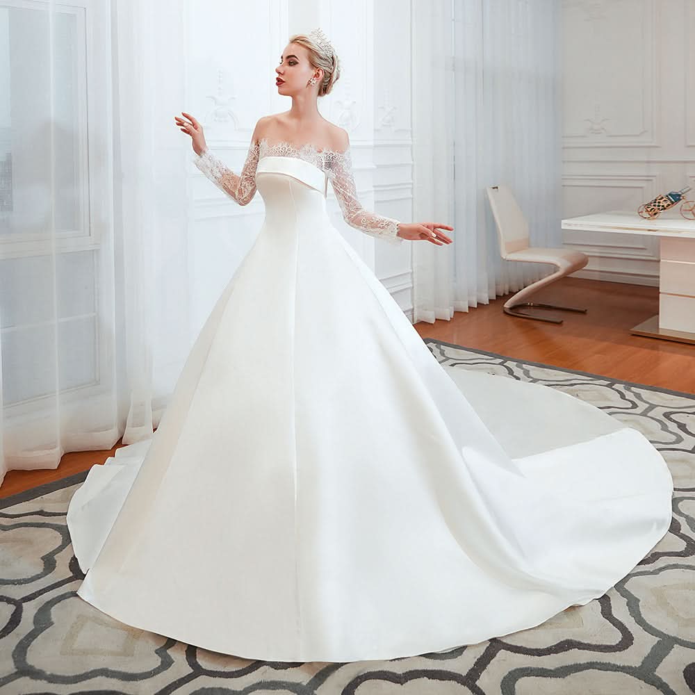 Stunning Off-the-Shoulder Long Sleeve A-Line Satin Wedding Dress with Lace BM bride