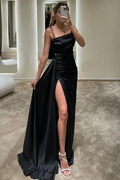 Spaghetti Strap Sleeveless Long High Split Prom Dress With Ruffles