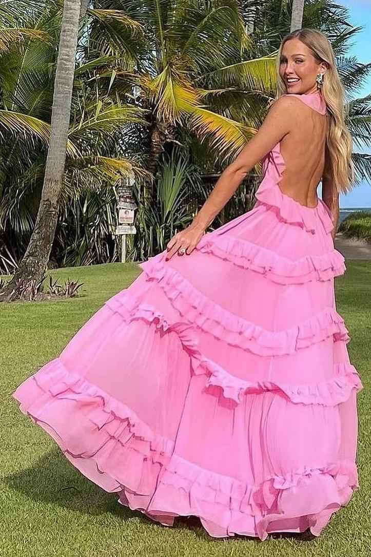 Halter Sleeveless Backless Long Prom Dress With Pleated Ruffles