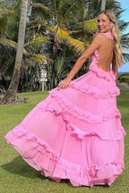 Halter Sleeveless Backless Long Prom Dress With Pleated Ruffles
