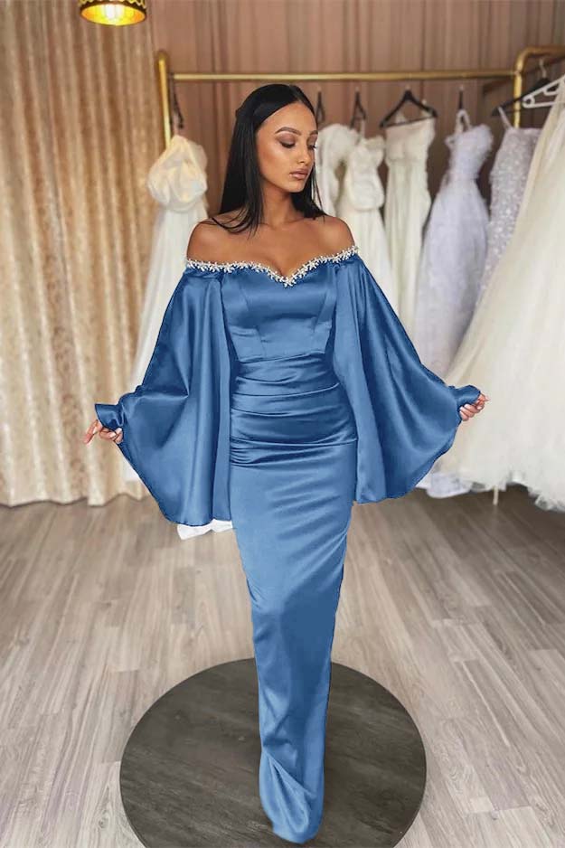 Off the Shoulder Long Sleeves Pleated Long Prom Dress With Beading BMBRIDE