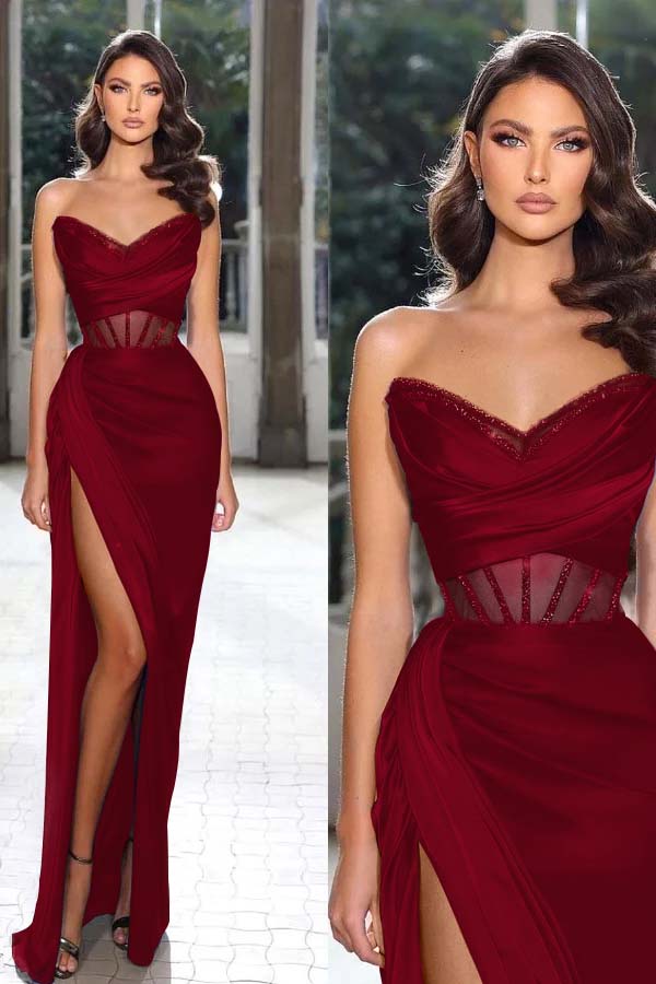 Strapless Sleeveless Long Mermaid Prom Dress With Split Pleated BMBRIDE