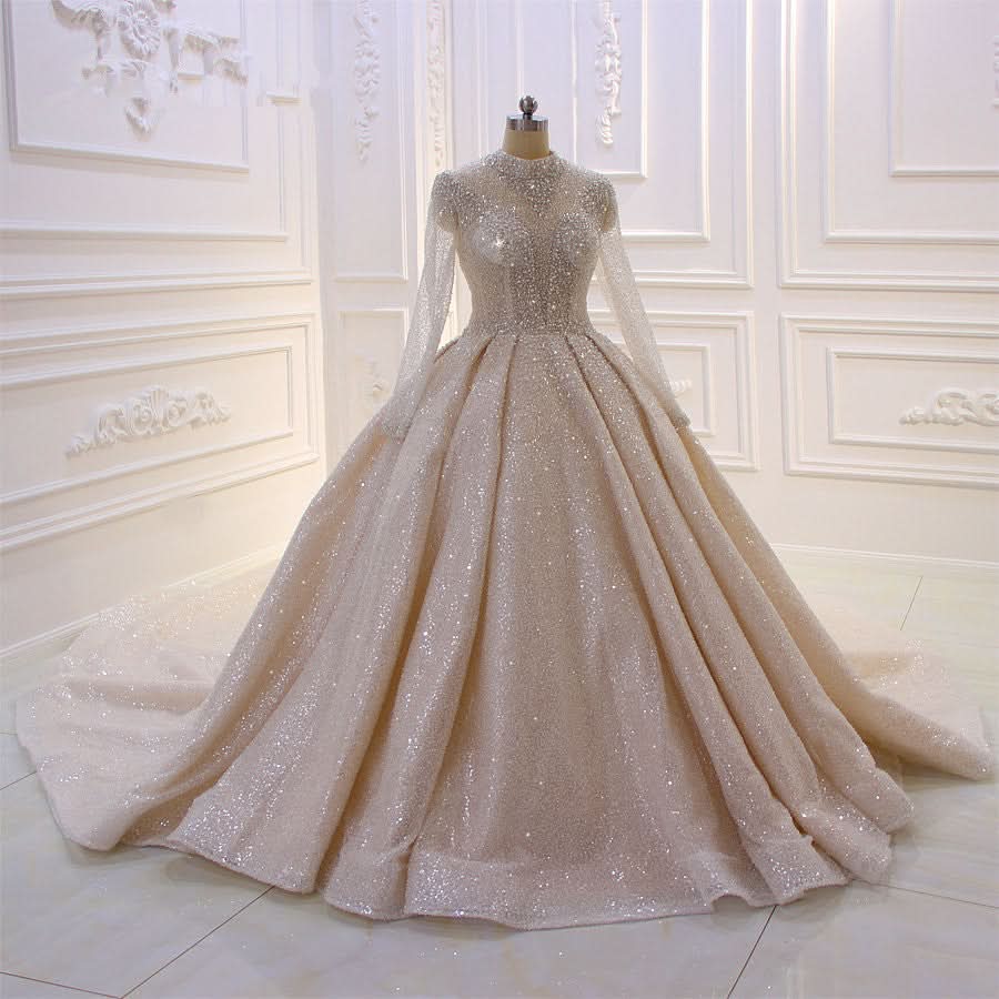High Neck Long Sleeve Satin Ball Gown Wedding Dress with Sequins BM bride