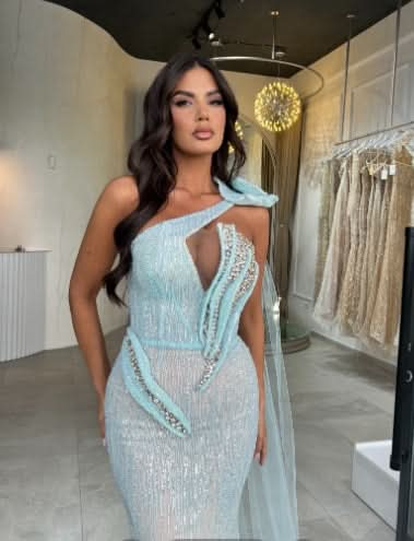 Elegant and Charming Mesh Sequins Prom Dress One Shoulder Mermaid Sleeveless Sexy Gown BM bride