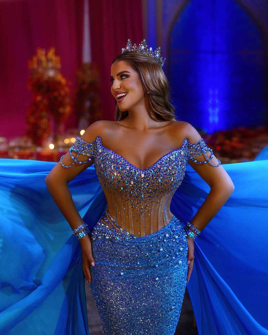 Heavy Off the Shoulder Mermaid Prom Dress Sequins Beading V Neck