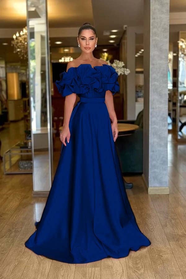 Off the Shoulder Sleeveless A Line Long Prom Dress With Pleated BMBRIDE