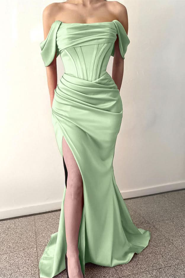 Dusty Rose Off-The-Shoulder Mermaid Prom Dress with Pleats and Split BM bride