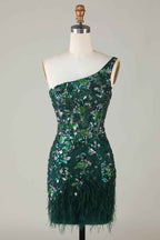 Sparkly Dark Green Tight Short Beaded Homecoming Dress with Feathers Bmbride