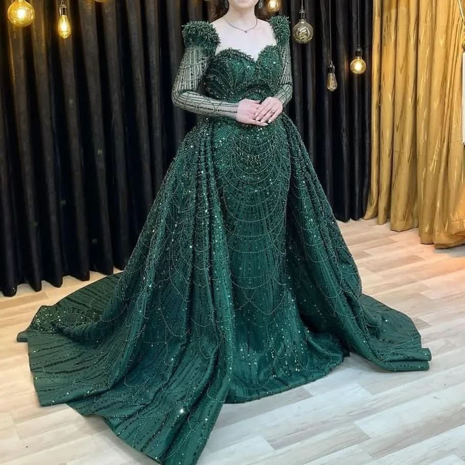Elegant Green Applique Prom Dress, Long Sleeve Mermaid BM bride