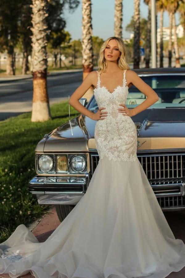 Sweetheart Backless Long Mermaid Wedding Dress With Tulle Lace BM bride