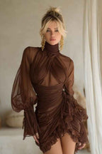 Charming High Neck Long Sleeves Short Prom Dress With Pleated BMBRIDE