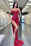 Burgundy Spaghetti-Strap Sleeveless V-Neck Sequin Mermaid Evening Dress with Split BM bride