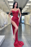 Burgundy Spaghetti-Straps Sequins V-Neck Sleeveless Mermaid Evening Dress with Split BM bride