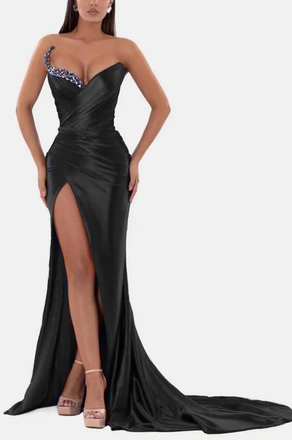 Sexy Royal Blue Prom Dress V Neck With High Slit Pleated Strapless Sleeveless BMBRIDE