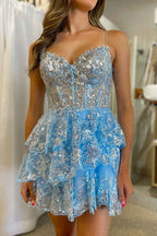Sparkly Blue Corset Top Spaghetti Straps A-Line Lace Short Homecoming Dress