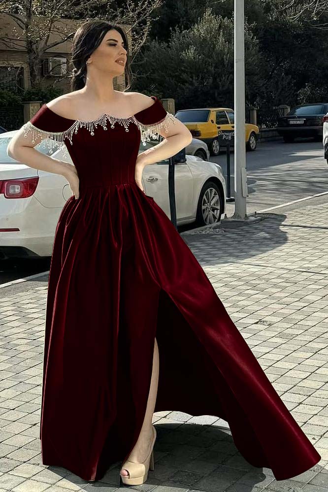 Off the Shoulder Sleeveless Long Split Prom Dress With Pleated Beading