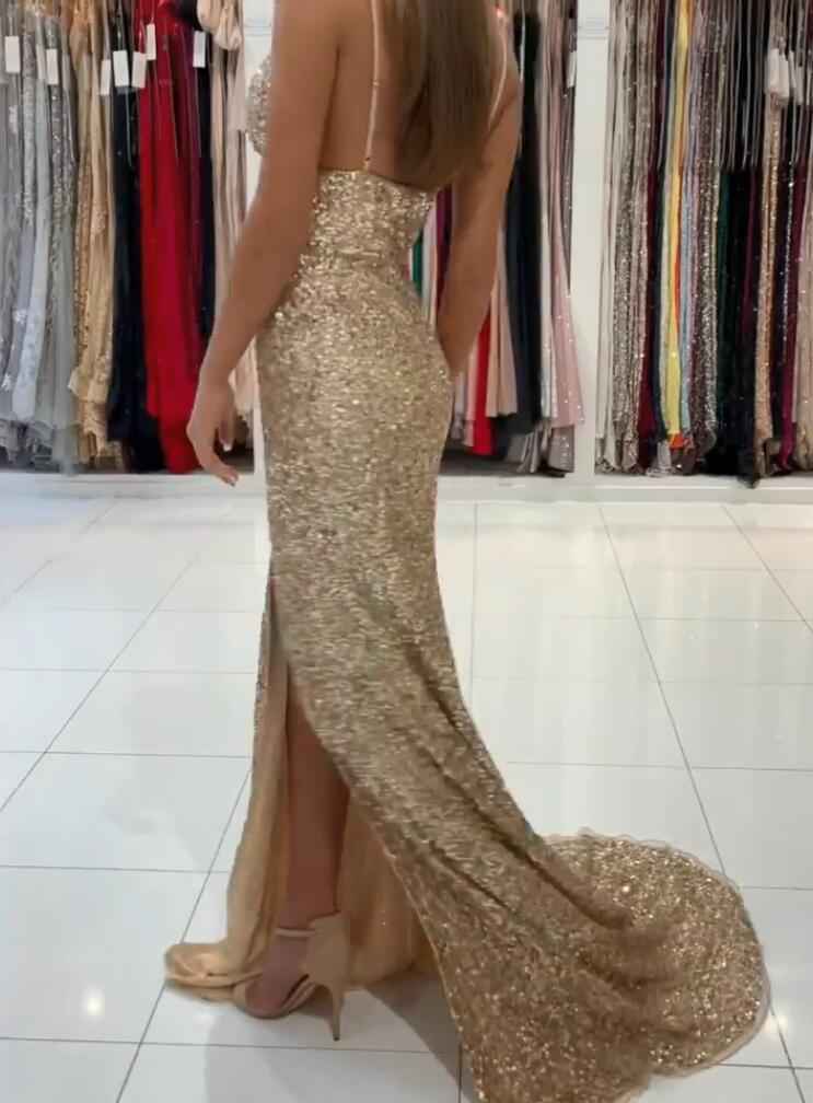 Gold Deep V Neck Sleeveless Mermaid Long Prom Dress Sequins With Side Split