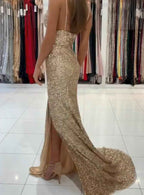 Gold Deep V Neck Sleeveless Mermaid Long Prom Dress Sequins With Side Split