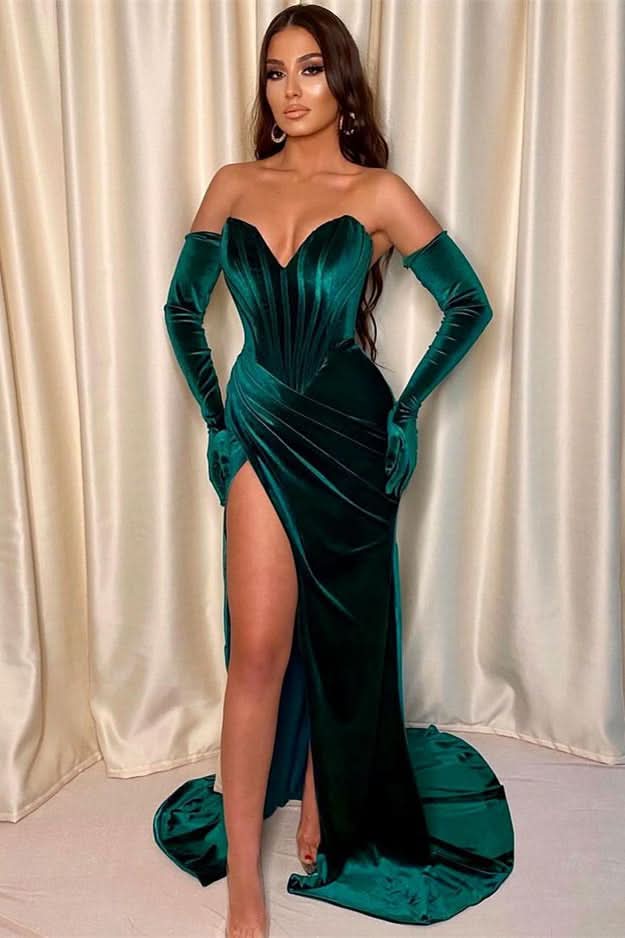 Dark Green Front Split V-Neck Sleeveless Mermaid Evening Dress BM bride